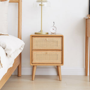 Pure Solid Wood Bedside Cabinet with Rattan Detail - Natural Wood