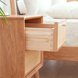 Pure Solid Wood Bedside Cabinet with Rattan Detail - Natural Wood