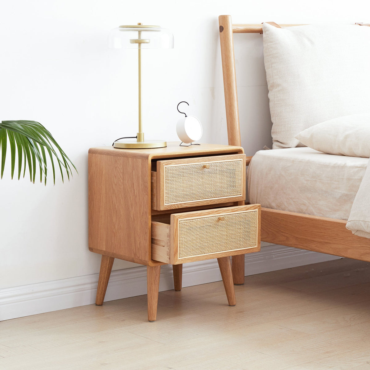 Pure Solid Wood Bedside Cabinet with Rattan Detail - Natural Wood