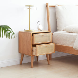 Pure Solid Wood Bedside Cabinet with Rattan Detail - Natural Wood