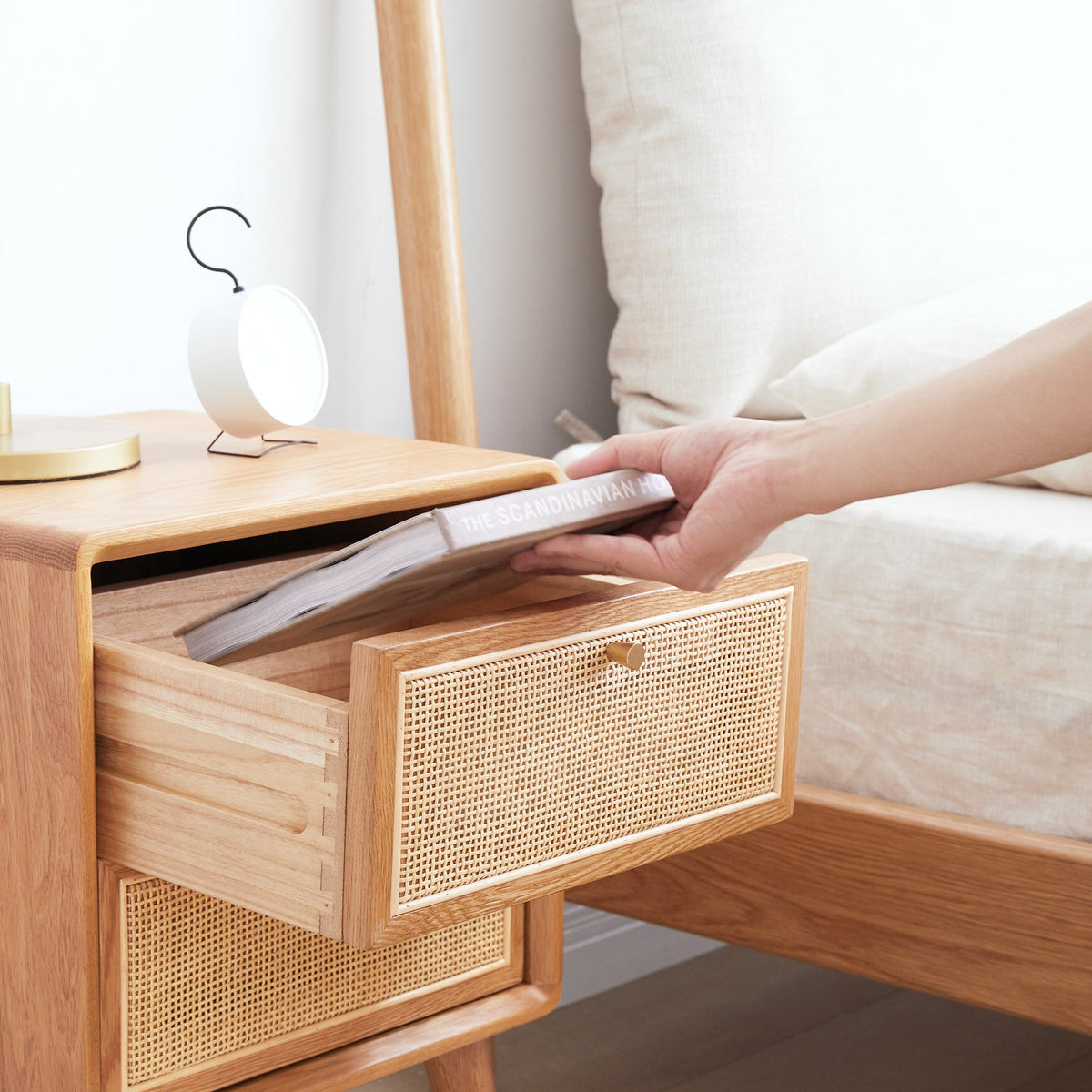 Pure Solid Wood Bedside Cabinet with Rattan Detail - Natural Wood