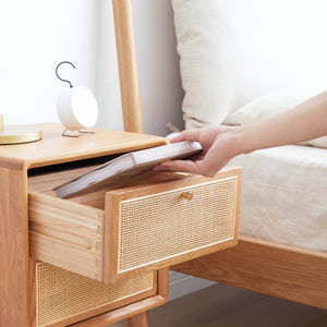 Pure Solid Wood Bedside Cabinet with Rattan Detail - Natural Wood