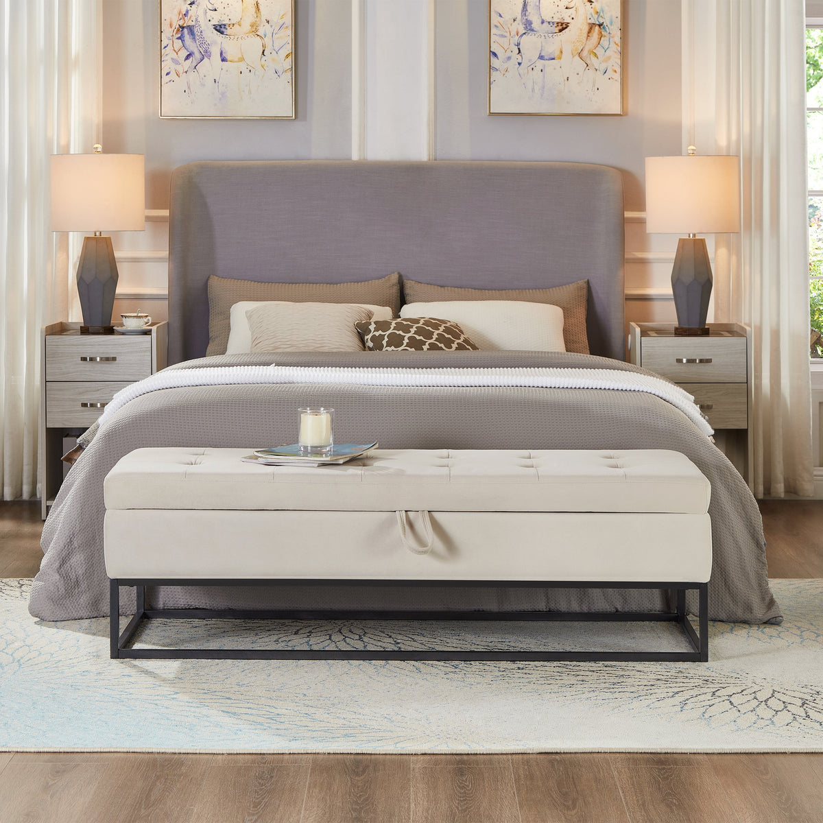58.6" Velvet Storage Bed Bench with Metal Base - Black