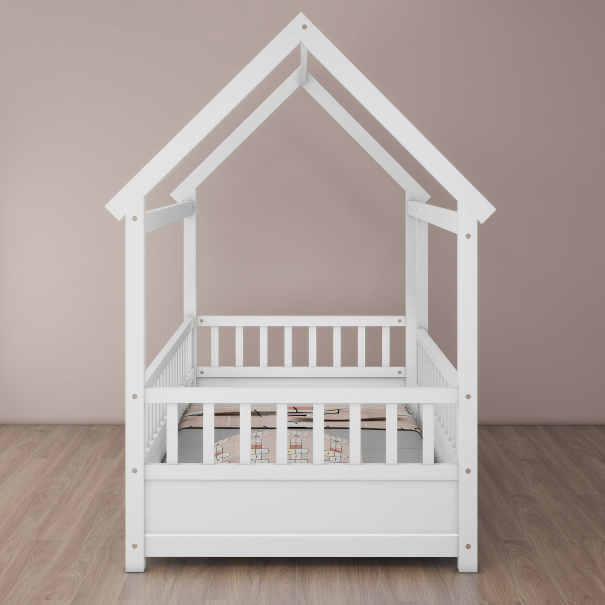 Twin Size Floor Wooden Bed with House Roof Frame