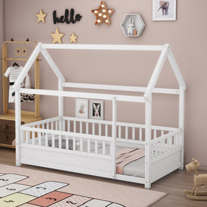 Twin Size Floor Wooden Bed with House Roof Frame