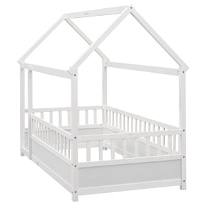 Twin Size Floor Wooden Bed with House Roof Frame