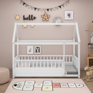 Twin Size Floor Wooden Bed with House Roof Frame