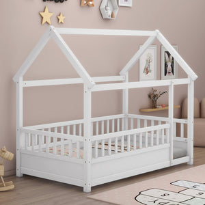 Twin Size Floor Wooden Bed with House Roof Frame