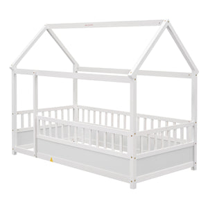 Twin Size Floor Wooden Bed with House Roof Frame