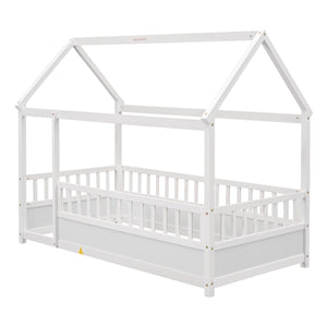 Twin Size Floor Wooden Bed with House Roof Frame
