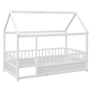 Twin Size Floor Wooden Bed with House Roof Frame