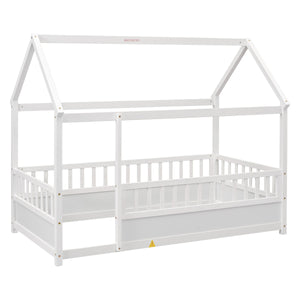 Twin Size Floor Wooden Bed with House Roof Frame