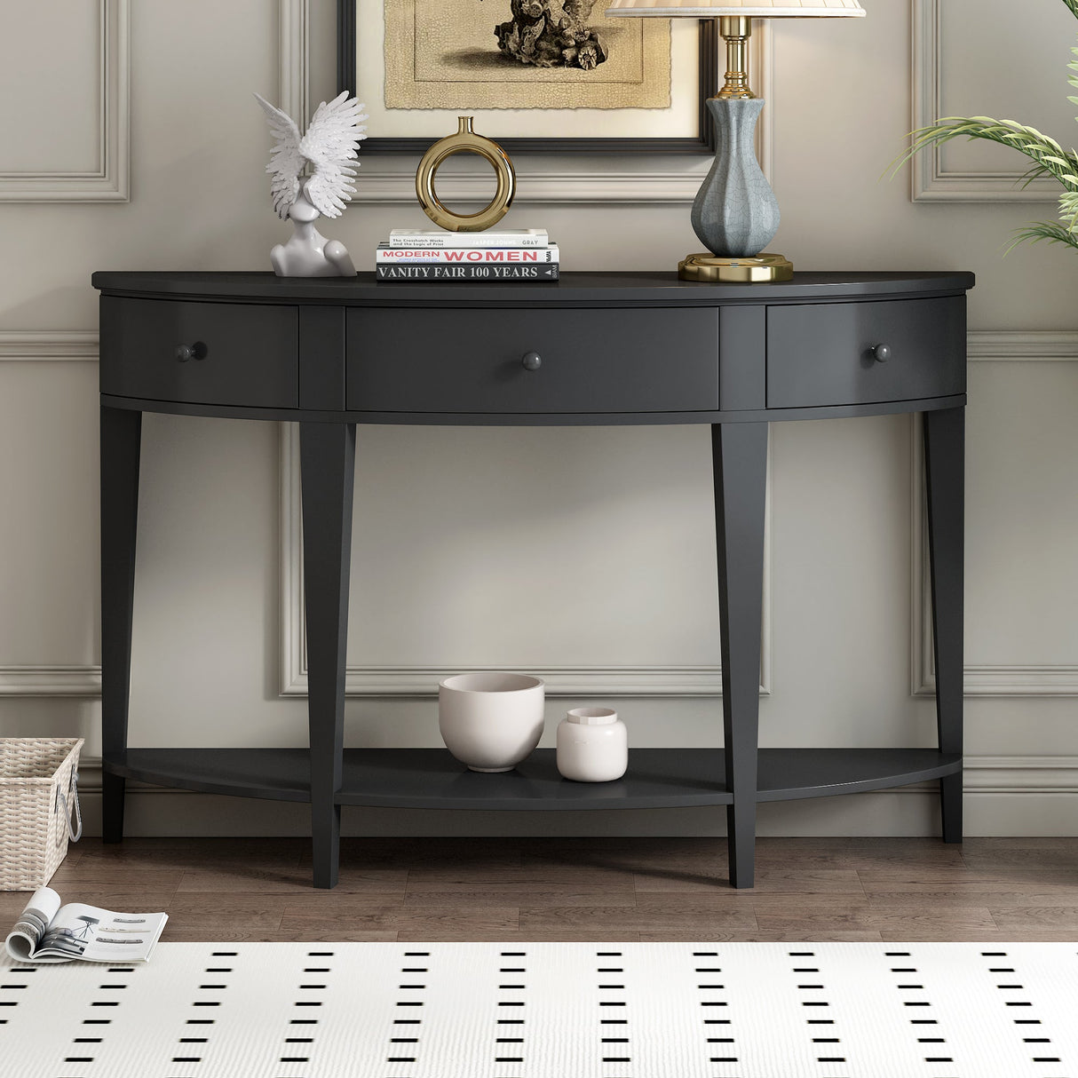 U-Style Modern Curved Console Table with 3 Drawers