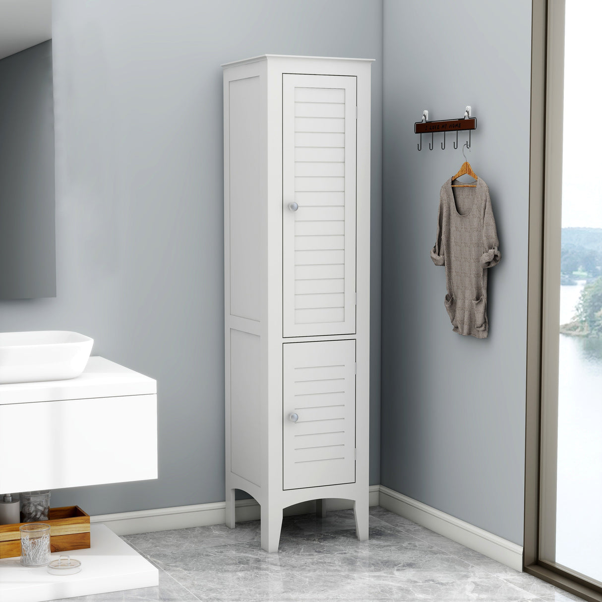 Tall Narrow Tower Freestanding Cabinet with 2 Shutter Doors