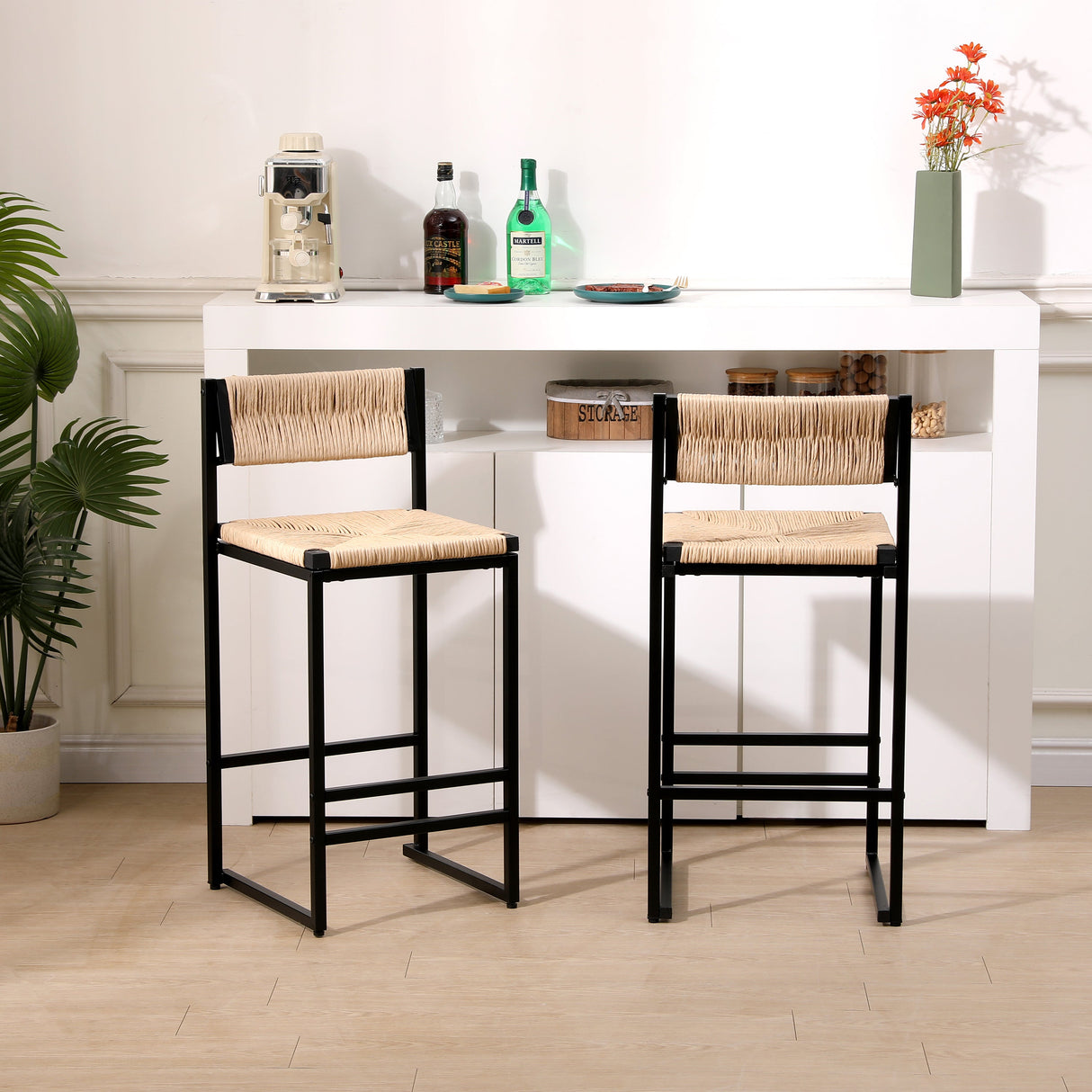 Honey Bar Stools Set of 2 - Paper Rope Weave Dining Chairs