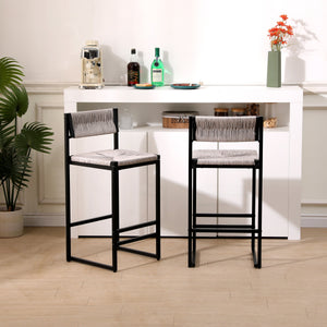 Gray Set of 2 Hand Weave Bar Stools with Back