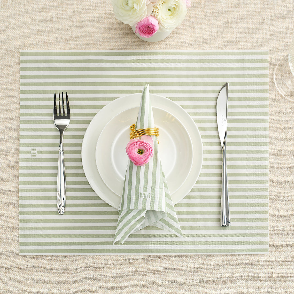 Tonal Striped Disposable Napkin Set in Green, 100 Pieces