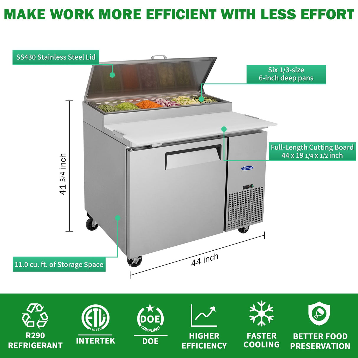 Orikool 44 Inch Commercial Pizza Prep Table with Refrigerator