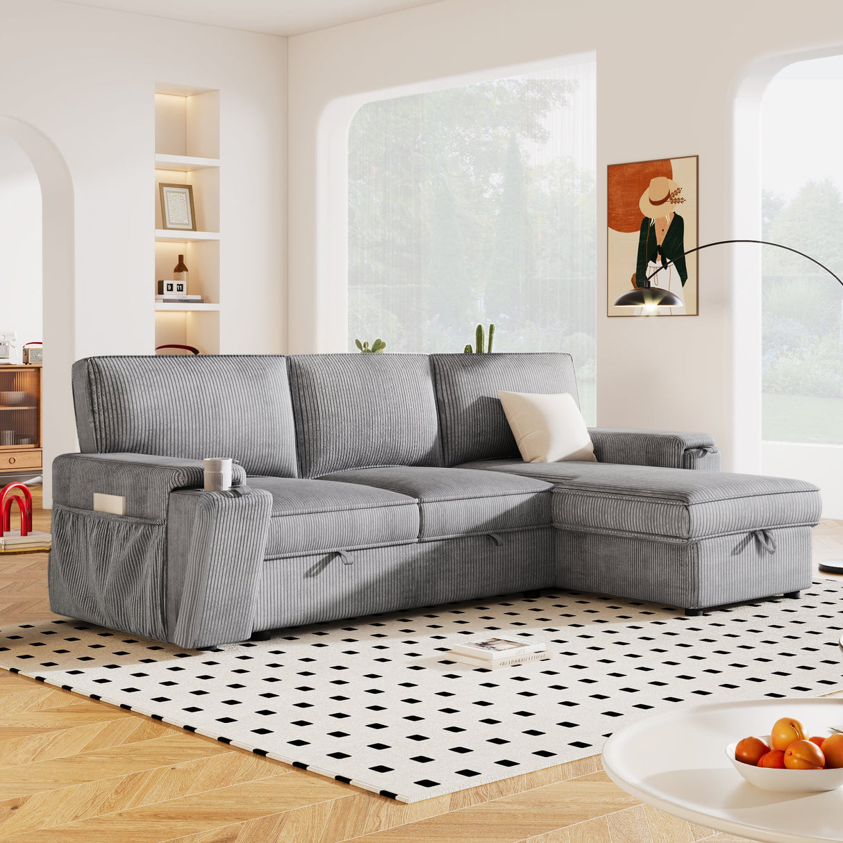 U_STYLE Upholstery Sleeper Sectional Sofa with Storage Bags