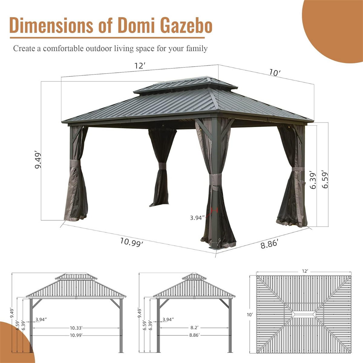 10' x 12' Hardtop Aluminum Gazebo with Double Roof - Gray