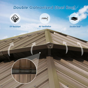 12' x 20' Hardtop Gazebo with Galvanized Steel Double Roof Canopy - Brown