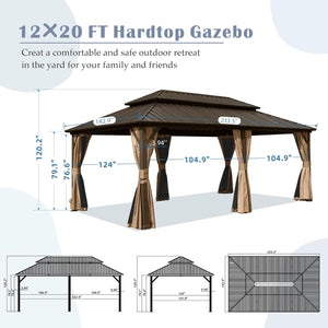 12' x 20' Hardtop Gazebo with Galvanized Steel Double Roof Canopy - Brown