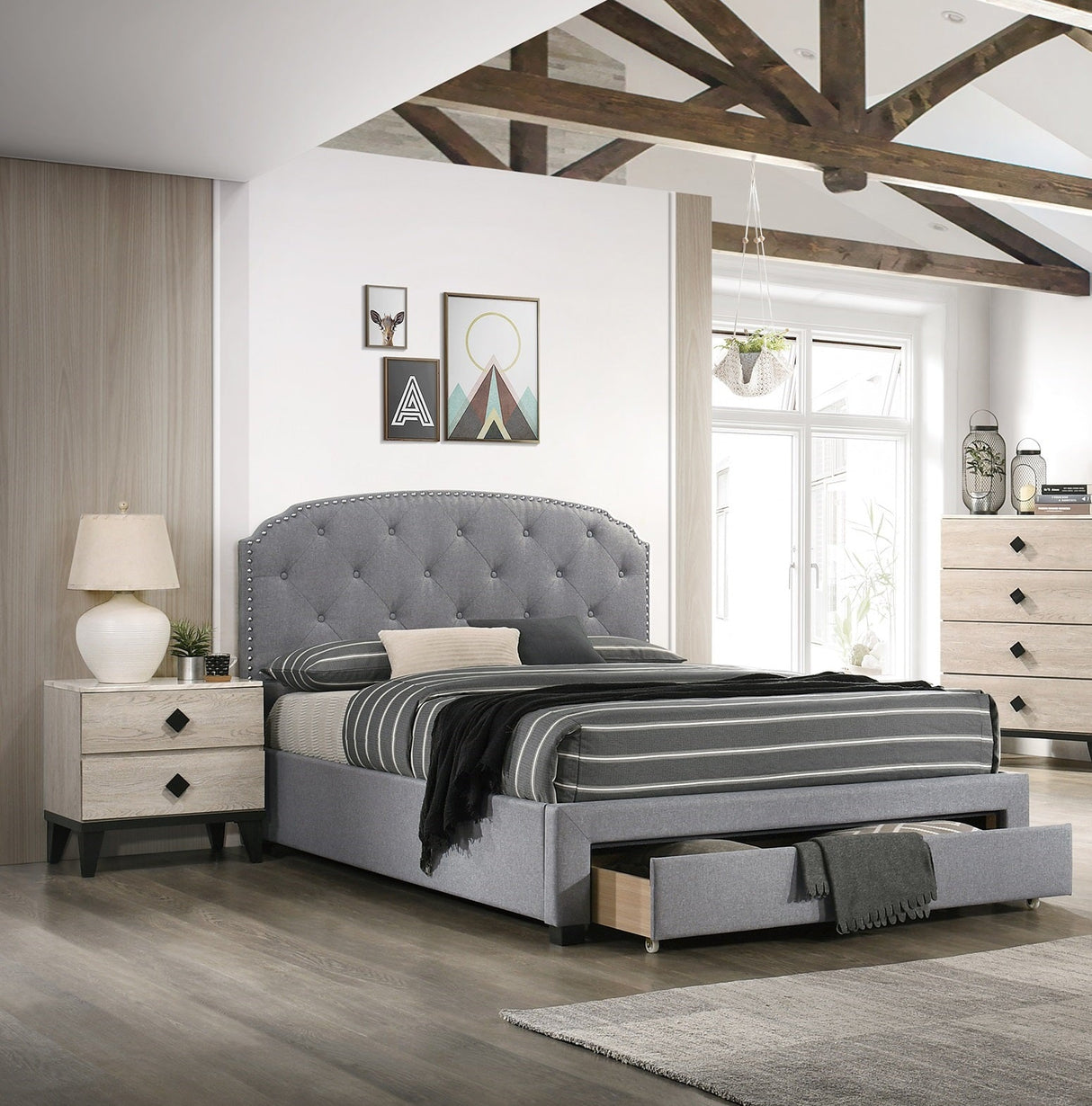 Button Tufted Headboard Storage Bed