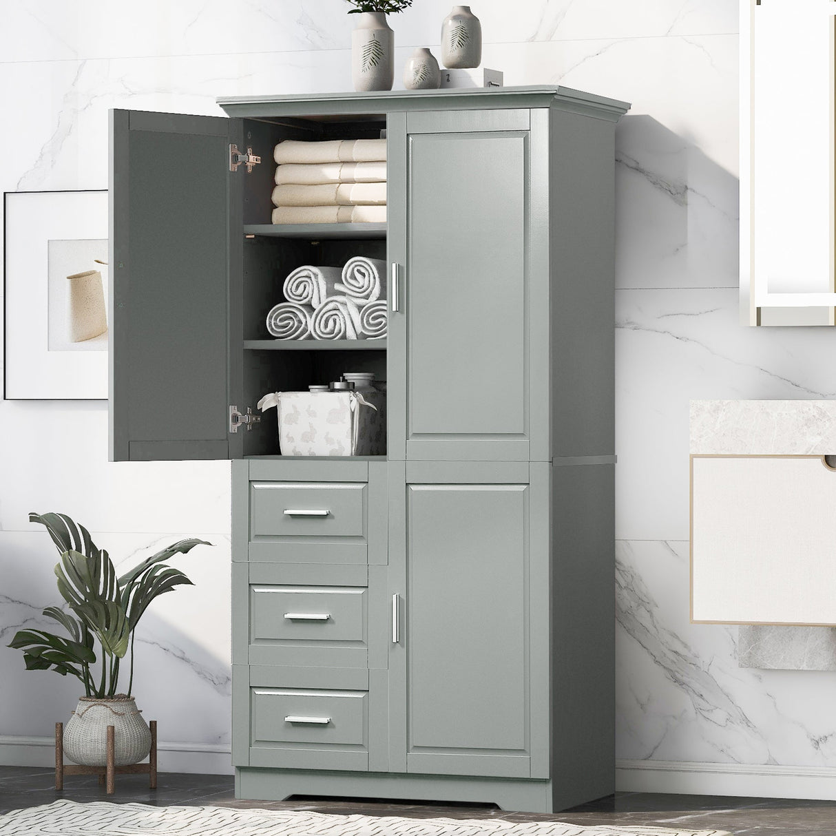 Tall and Wide Storage Cabinet with Doors for Bathroom or Office, Grey