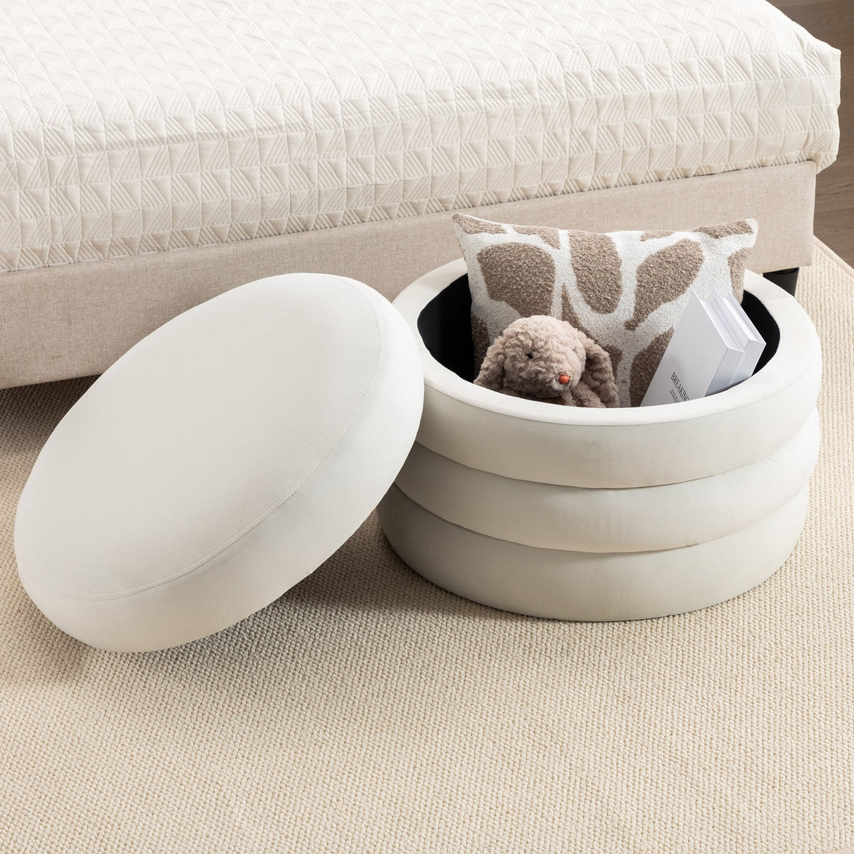 Velvet Fabric Storage Round Ottoman with Wooden Shelving