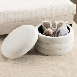 Velvet Fabric Storage Round Ottoman with Wooden Shelving