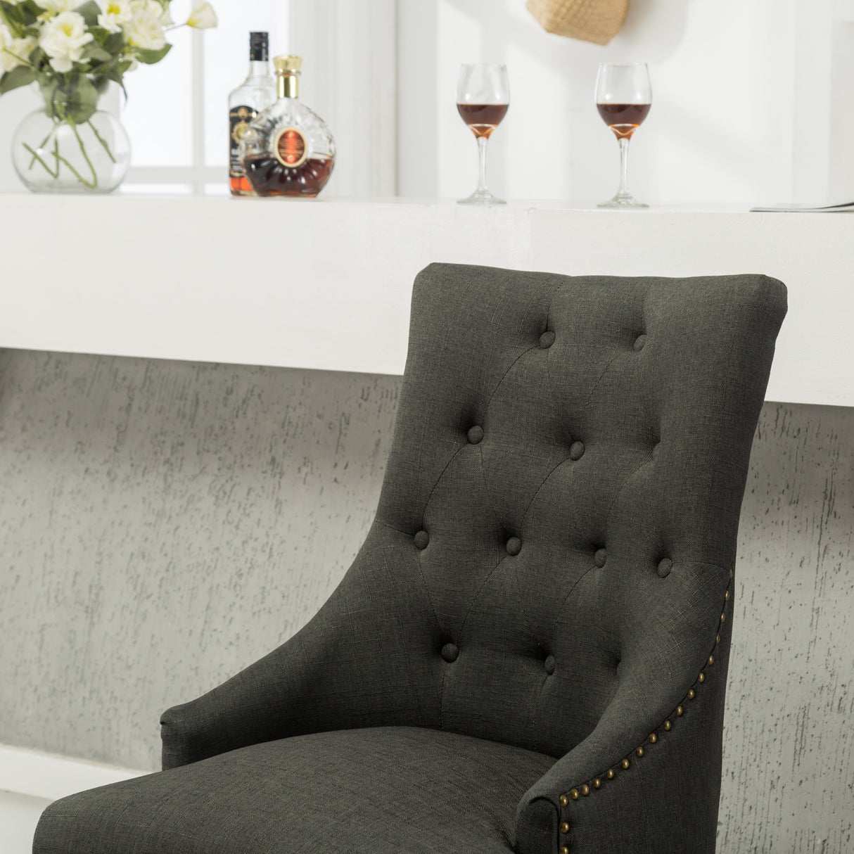 Charcoal Button Tufted Solid Wood Wingback Hostess Chairs, Set of 2