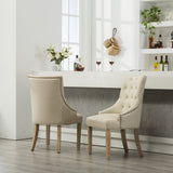 Tan Button Tufted Solid Wood Wingback Hostess Chairs, Set of 2