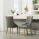 Grey Button Tufted Solid Wood Wingback Dining Chairs, Set of 2