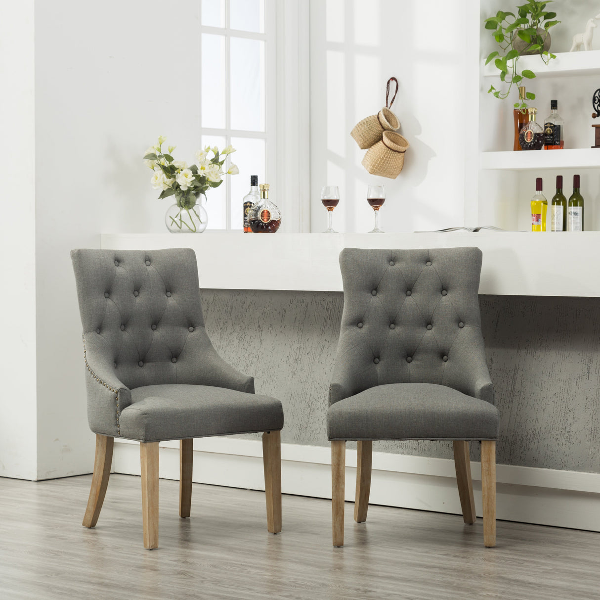Grey Button Tufted Solid Wood Wingback Dining Chairs, Set of 2