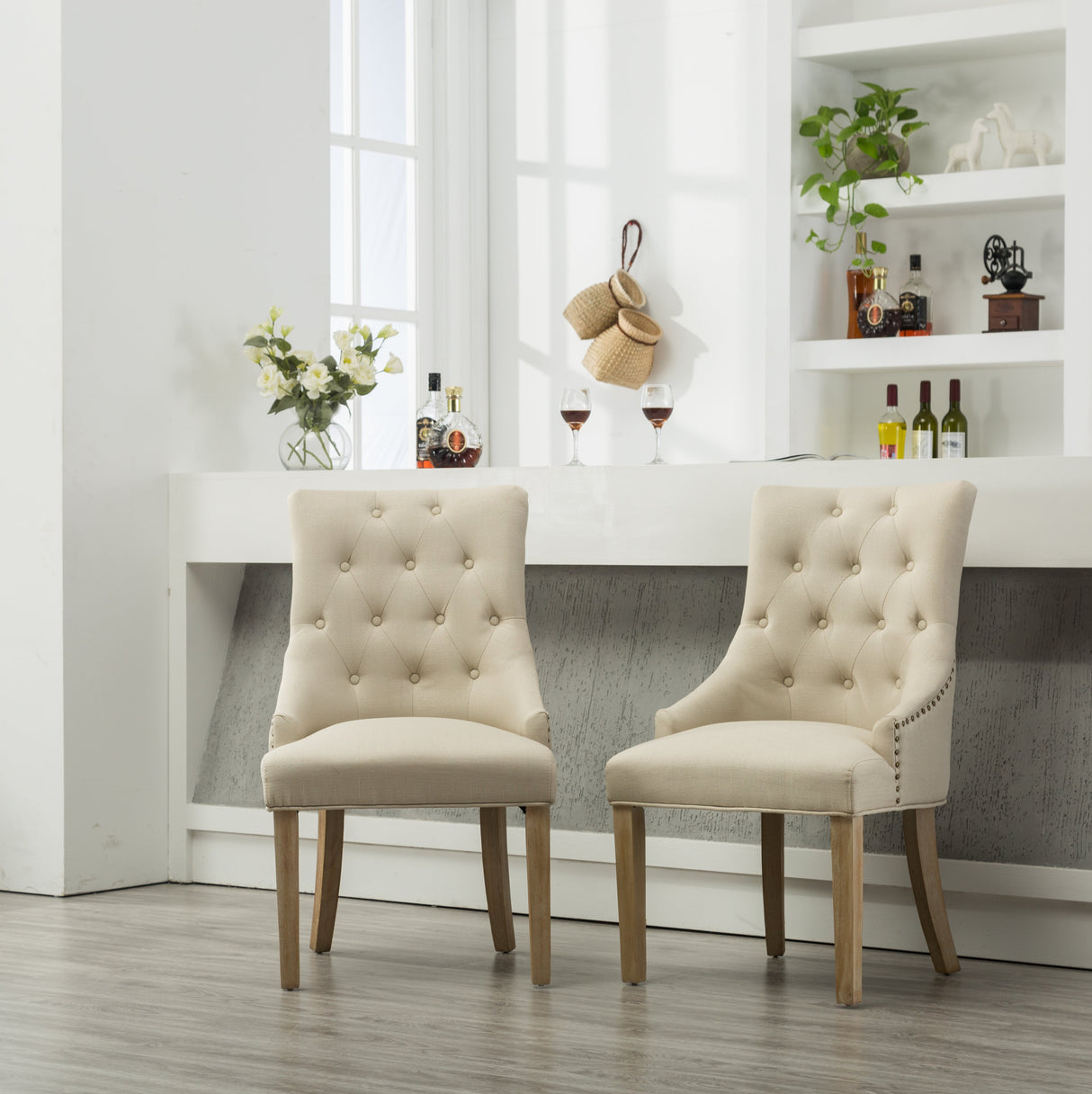 Tan Button Tufted Solid Wood Wingback Hostess Chairs, Set of 2
