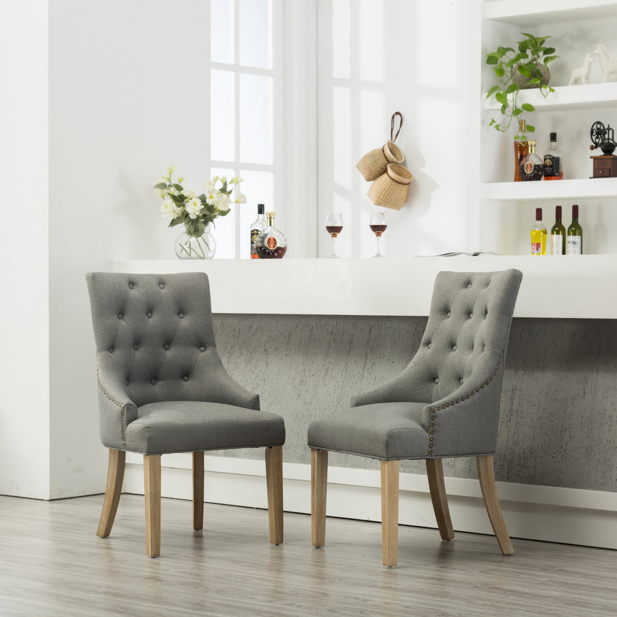 Grey Button Tufted Solid Wood Wingback Dining Chairs, Set of 2