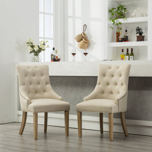 Tan Button Tufted Solid Wood Wingback Hostess Chairs Set of 2