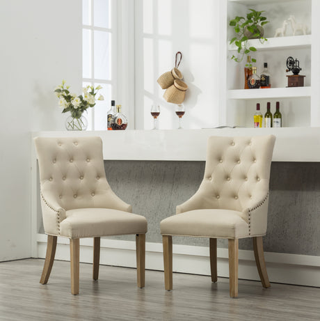 Tan Button Tufted Solid Wood Wingback Hostess Chairs, Set of 2