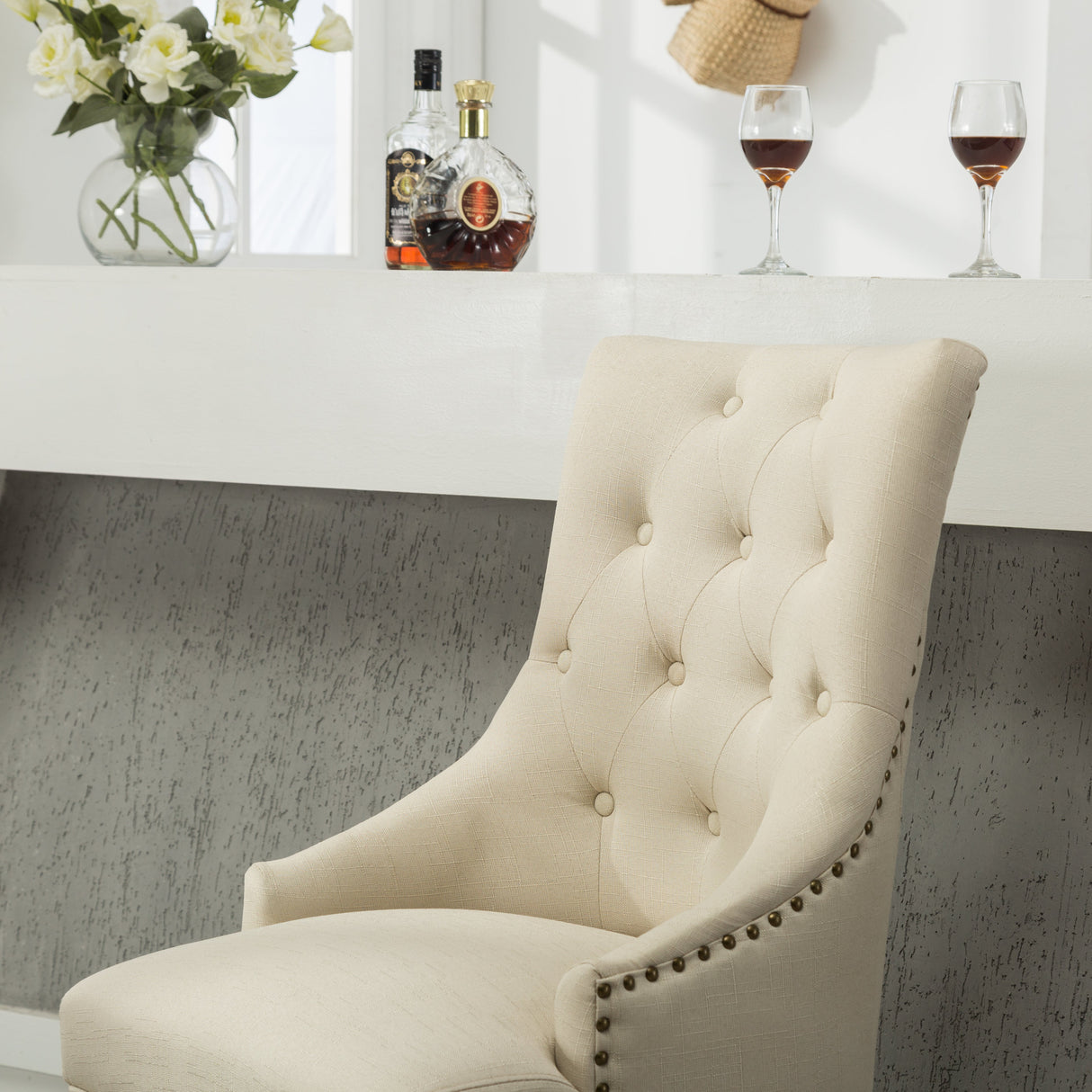 Tan Button Tufted Solid Wood Wingback Hostess Chairs, Set of 2