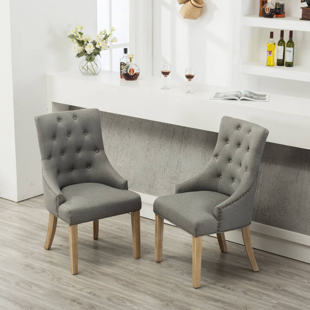 Grey Button Tufted Solid Wood Wingback Dining Chairs, Set of 2