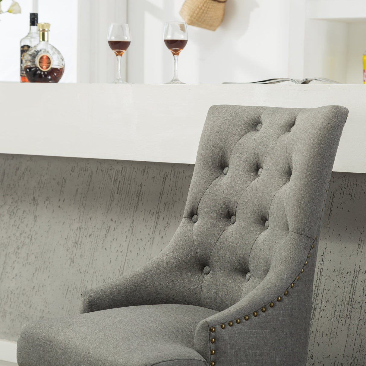 Grey Button Tufted Solid Wood Wingback Dining Chairs, Set of 2