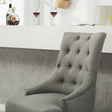 Grey Button Tufted Solid Wood Wingback Dining Chairs, Set of 2