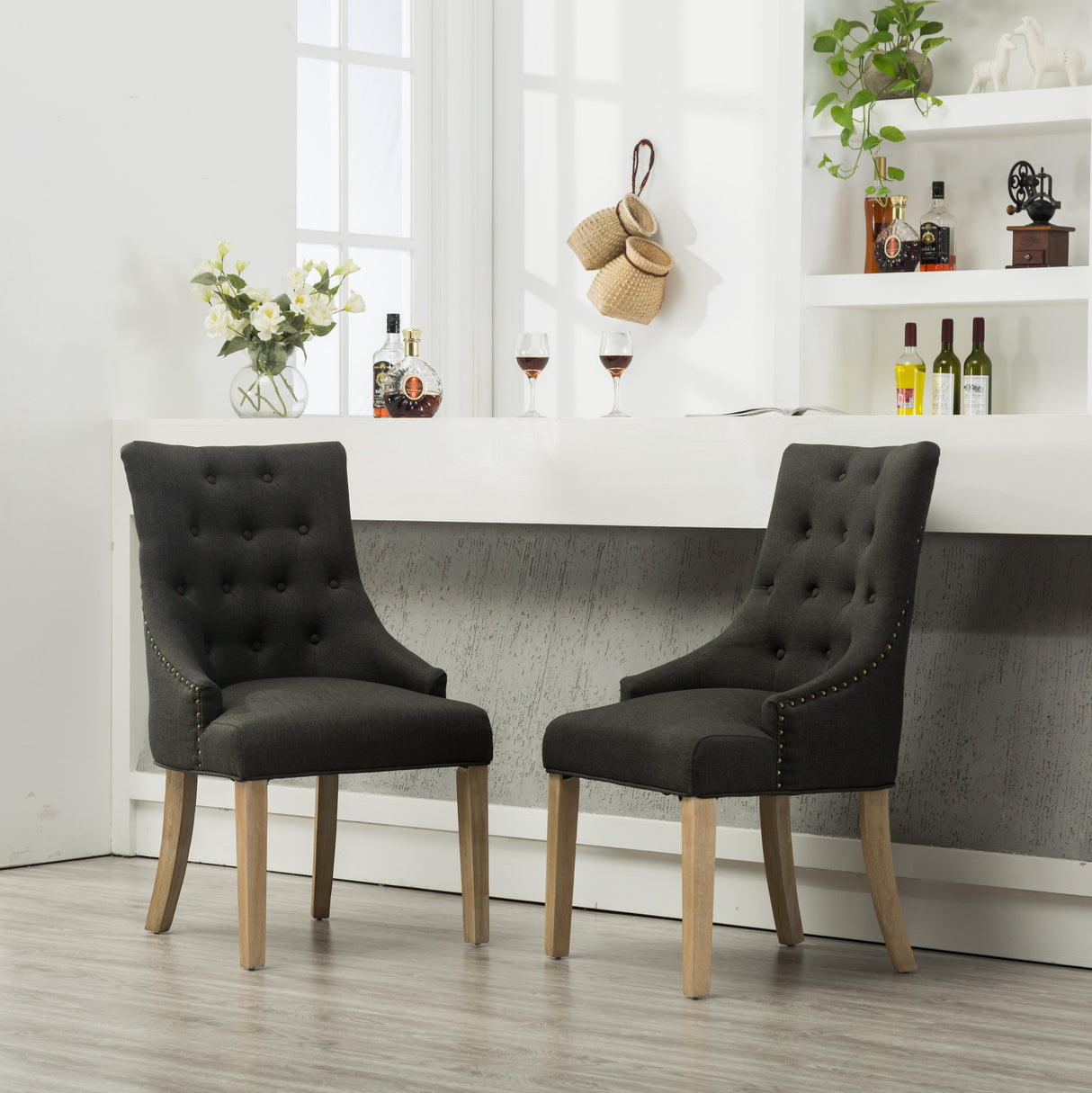Charcoal Button Tufted Solid Wood Wingback Hostess Chairs, Set of 2