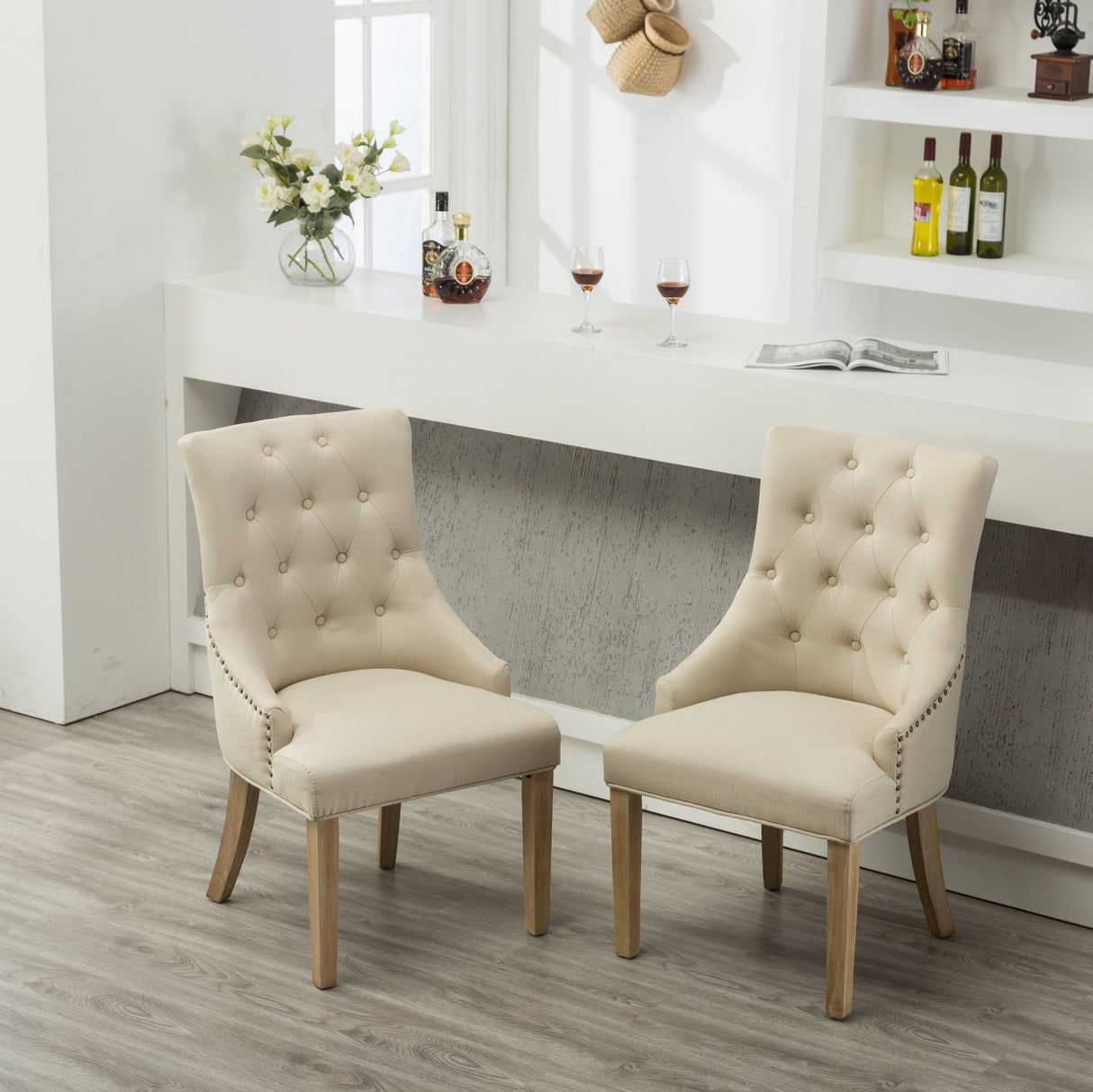 Tan Button Tufted Solid Wood Wingback Hostess Chairs, Set of 2