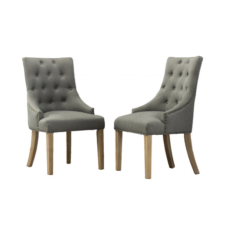 Grey Button Tufted Solid Wood Wingback Dining Chairs, Set of 2