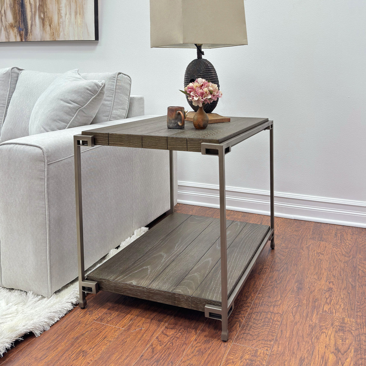 Corbeta Metal Frame Wood Living Room End Table with Shelf
