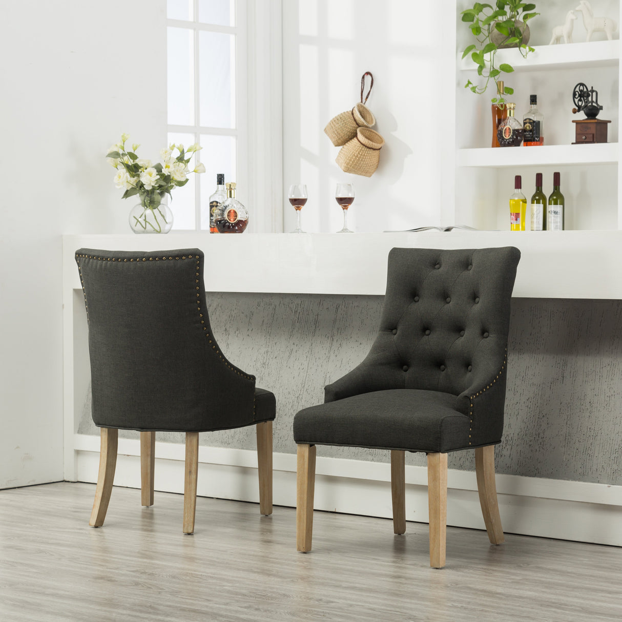 Charcoal Button Tufted Solid Wood Wingback Hostess Chairs, Set of 2