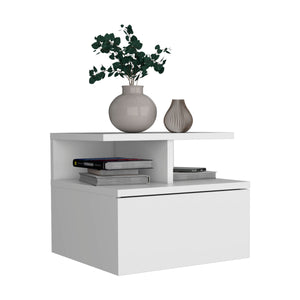 Floating Nightstand 12"H, Wall Mounted with Single Drawer and 2-Tier Shelf