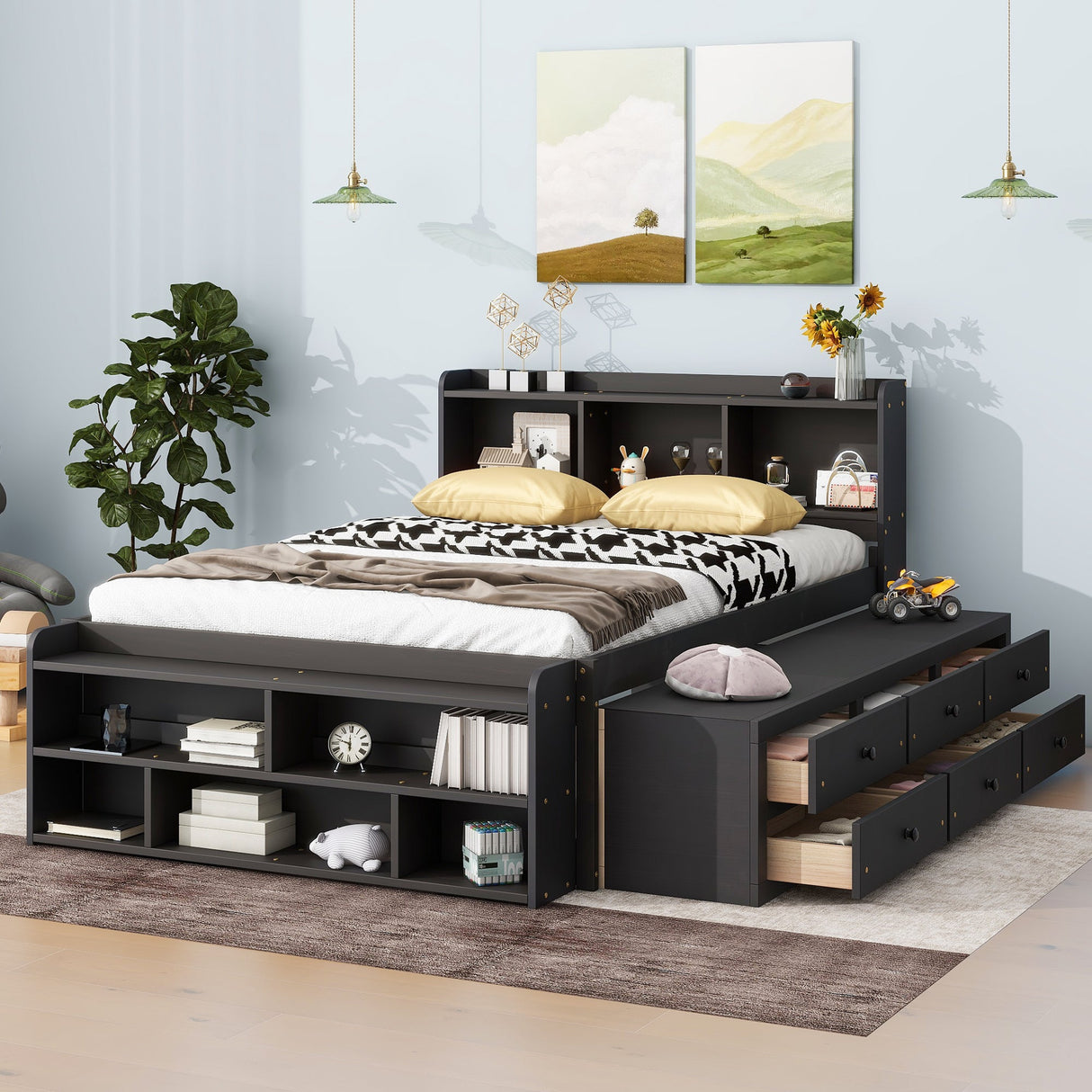 Full Bed with Bookcase Headboard, Under Bed Storage Drawers and Bed End Storage Case