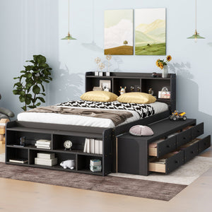 Full Bed with Bookcase Headboard, Under Bed Storage Drawers and Bed End Storage Case